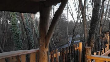 A wooden deck with a railing overlooking a forested area.
