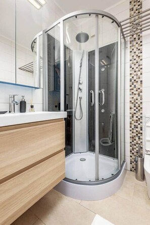 Shower, hair dryer, soap, toilet paper