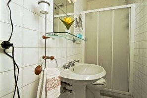 Chuveiro, secador de cabelo, toalhas de banho, shampoo