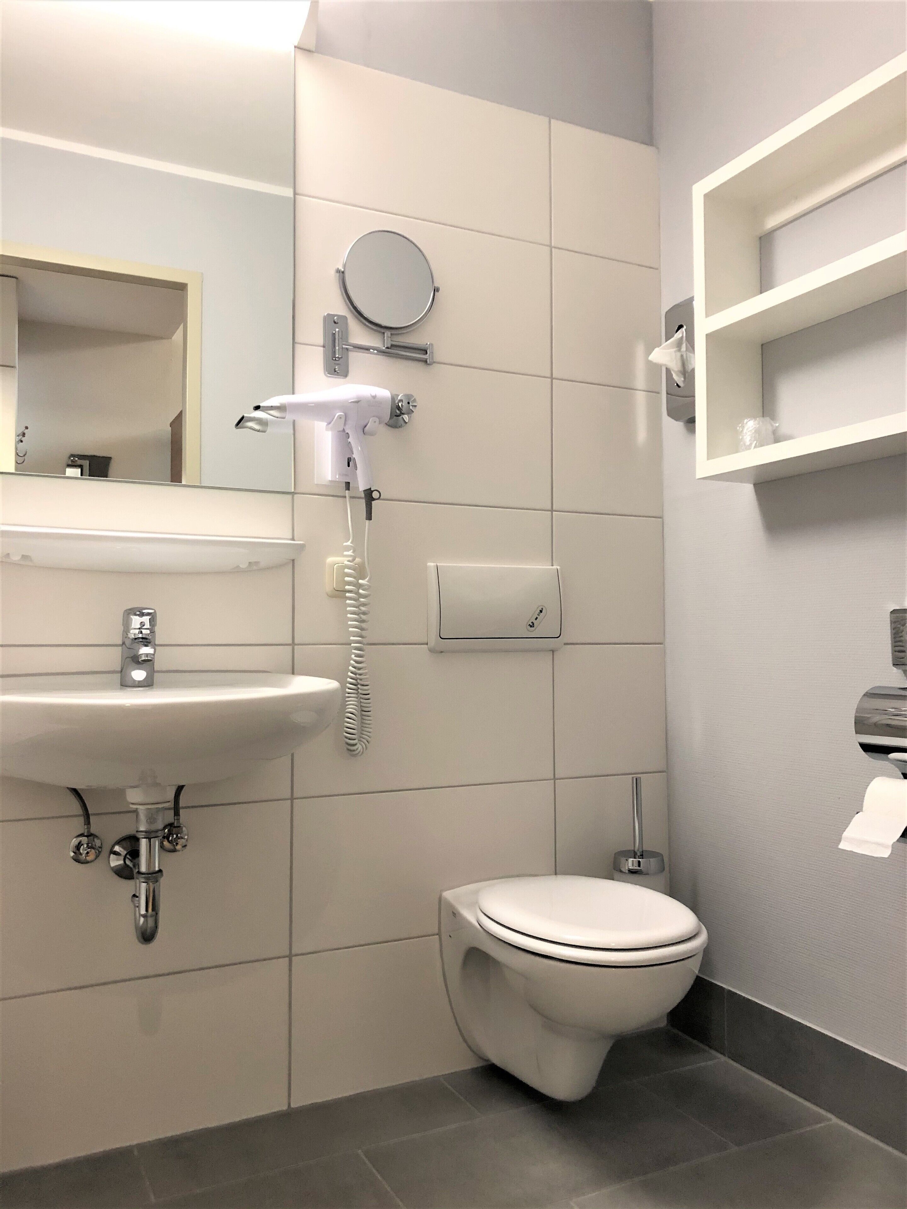 A modern bathroom with a white sink, a mirror, a hairdryer, a toilet, and a shelf with a tissue dispenser.