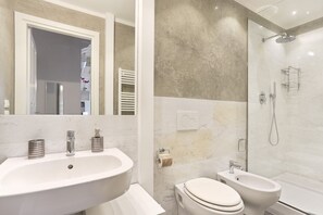 Shower, hair dryer, bidet, towels