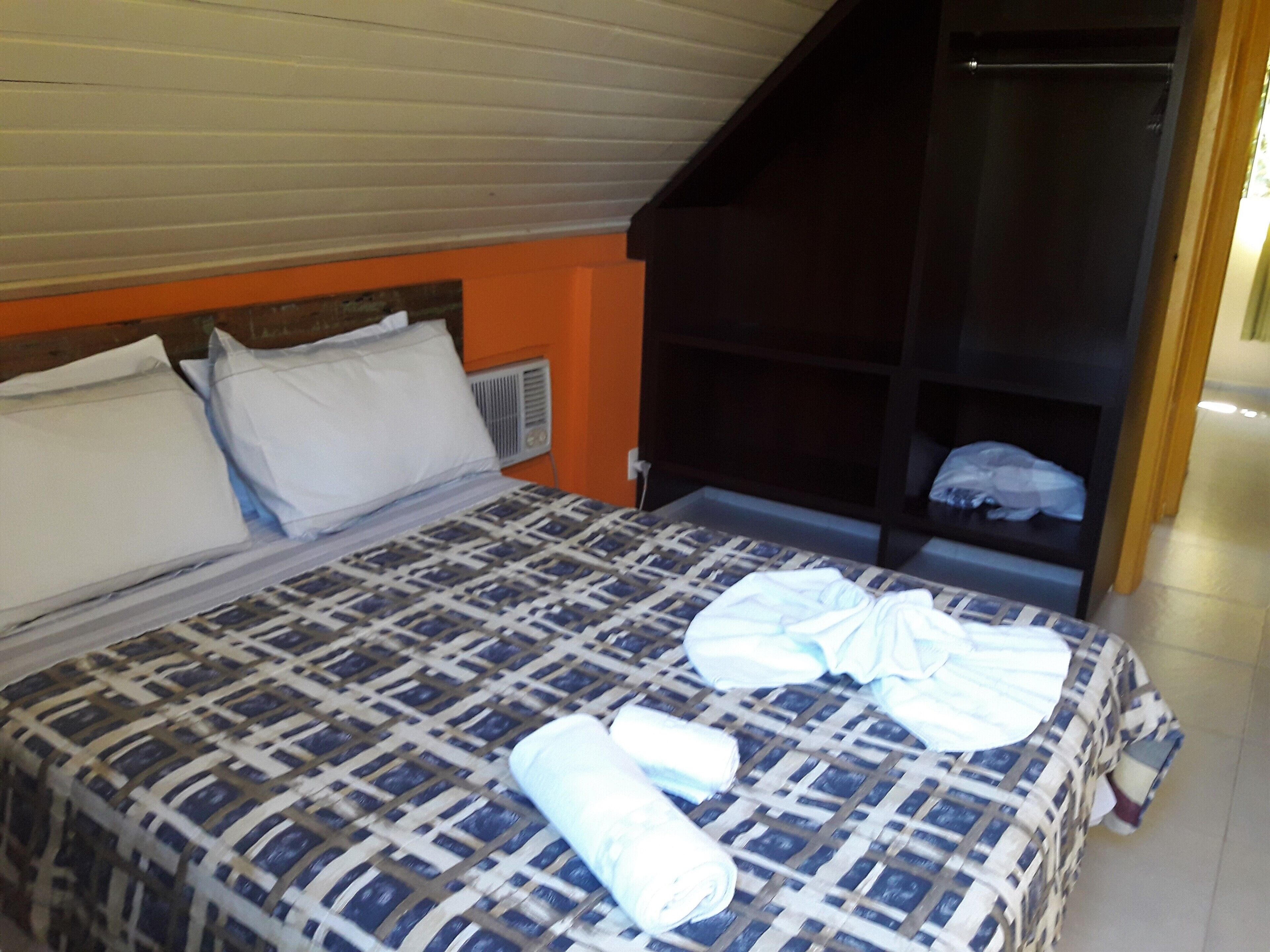 A bedroom with a bed, pillows, a radiator, and a dark closet.