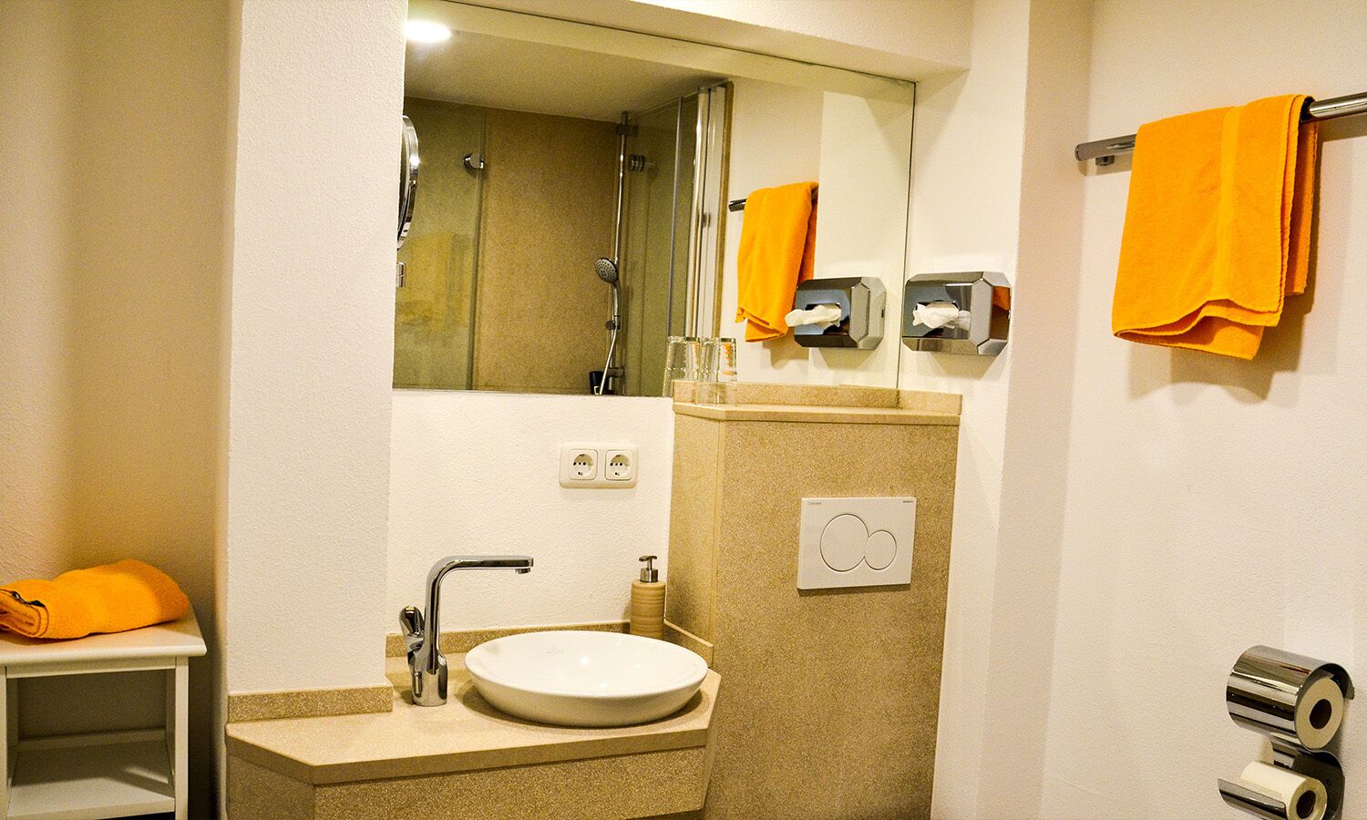 Shower, free toiletries, hair dryer, towels