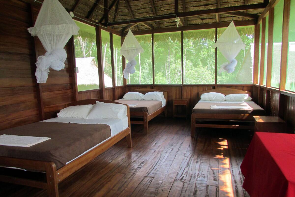 A cabin with four wooden beds, a red table, and mosquito nets.