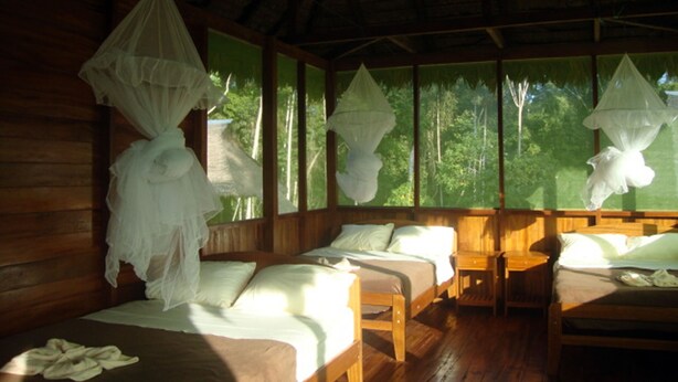 A wooden cabin with two beds, a bench, and windows with mosquito nets. - Huitoto Lake Lodge (Laberinto)