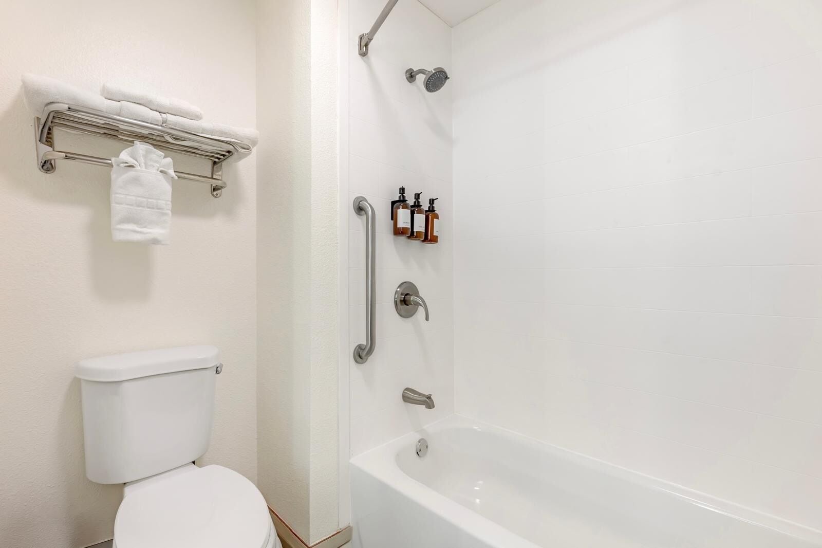 Un bagno con il water bianco, una vasca da bagno, una doccia con soffione manuale e una barra di sostegno.