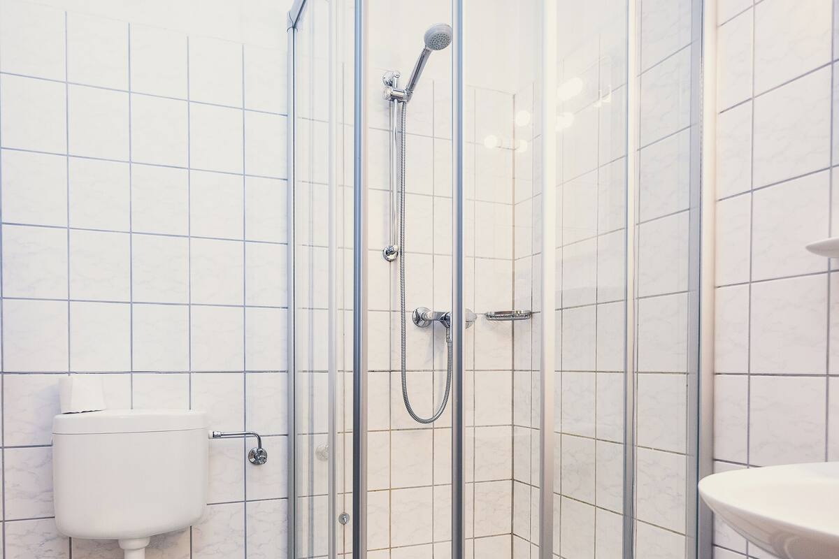 shower, towels, toilet paper