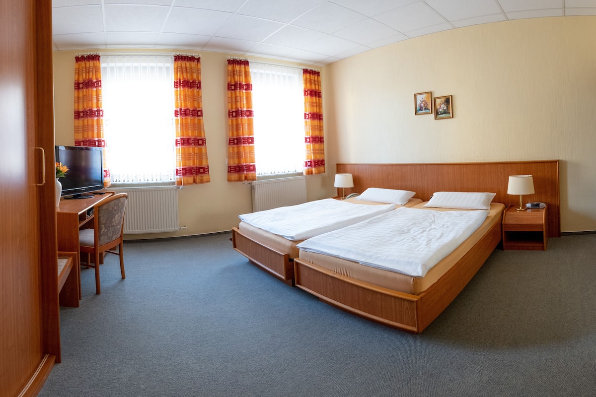 A hotel room with a double bed, a desk with a chair, a television, and two windows with curtains.