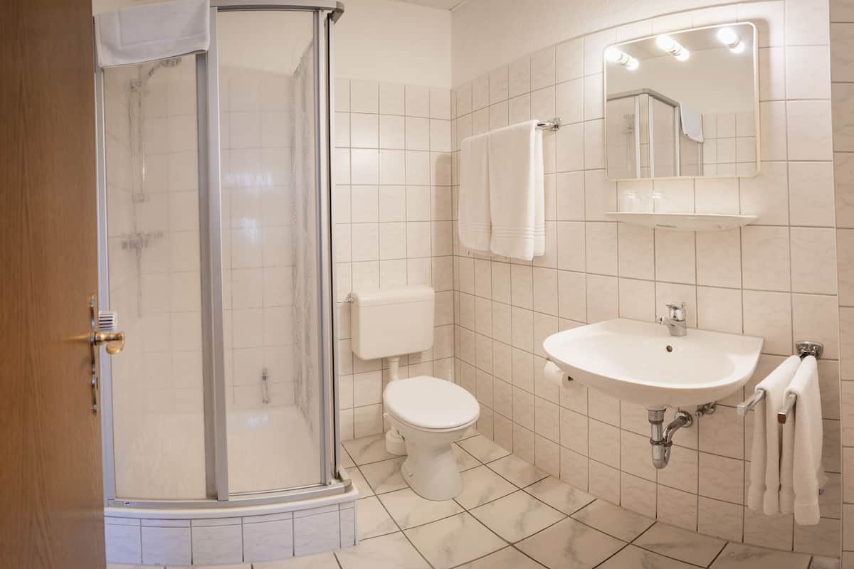 shower, towels, toilet paper