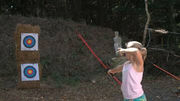A person aiming an arrow at a target.