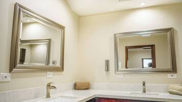 Bathtub, hair dryer, shampoo, toilet paper