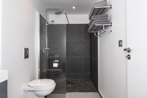 Dusche, Haartrockner, Handtücher, Toilettenpapier