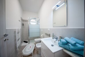 Secador de cabelo, toalhas de banho, sabonete, shampoo