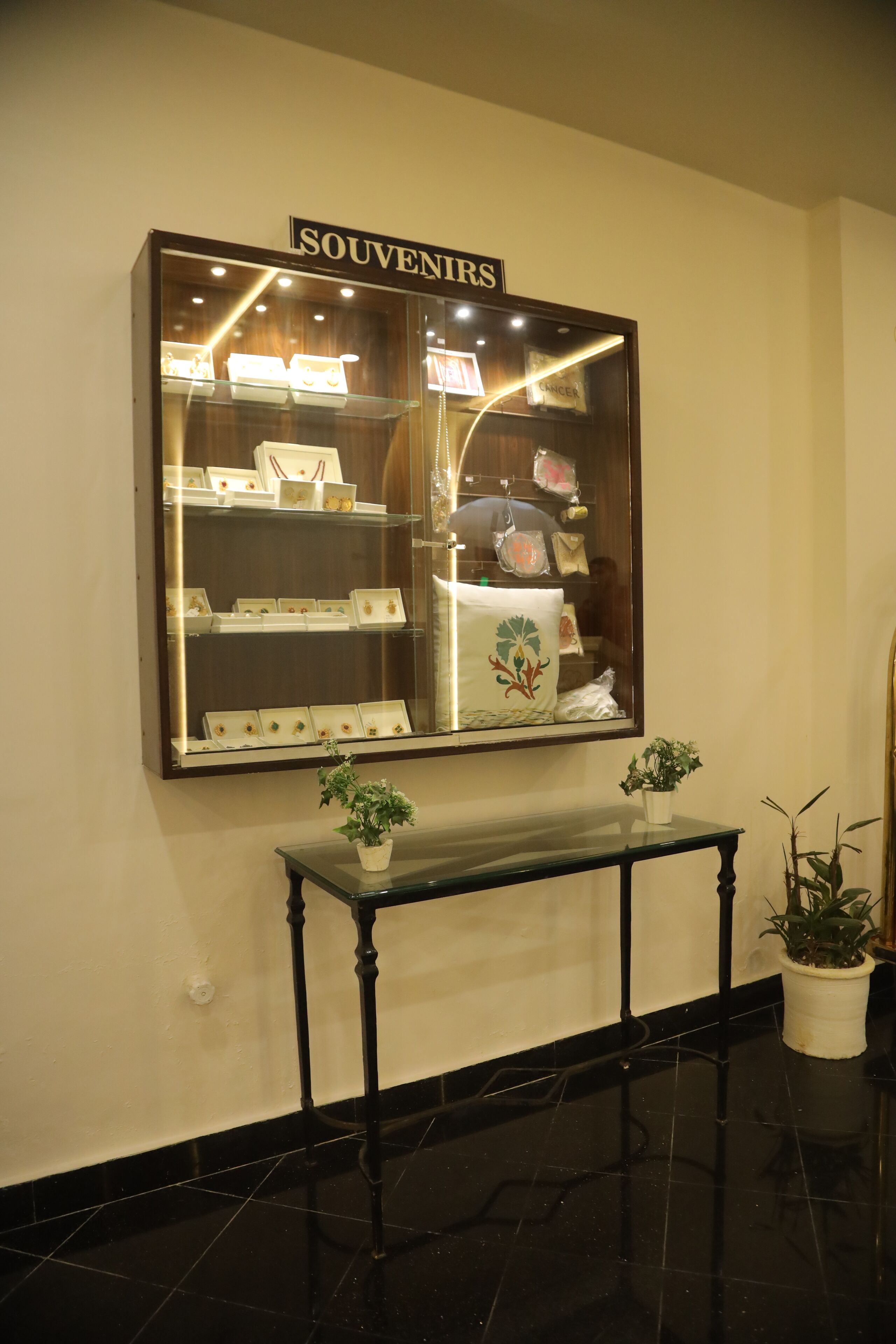 A display case labeled "SOUVENIRS" with various items inside, a small table with potted plants, and a polished black floor.