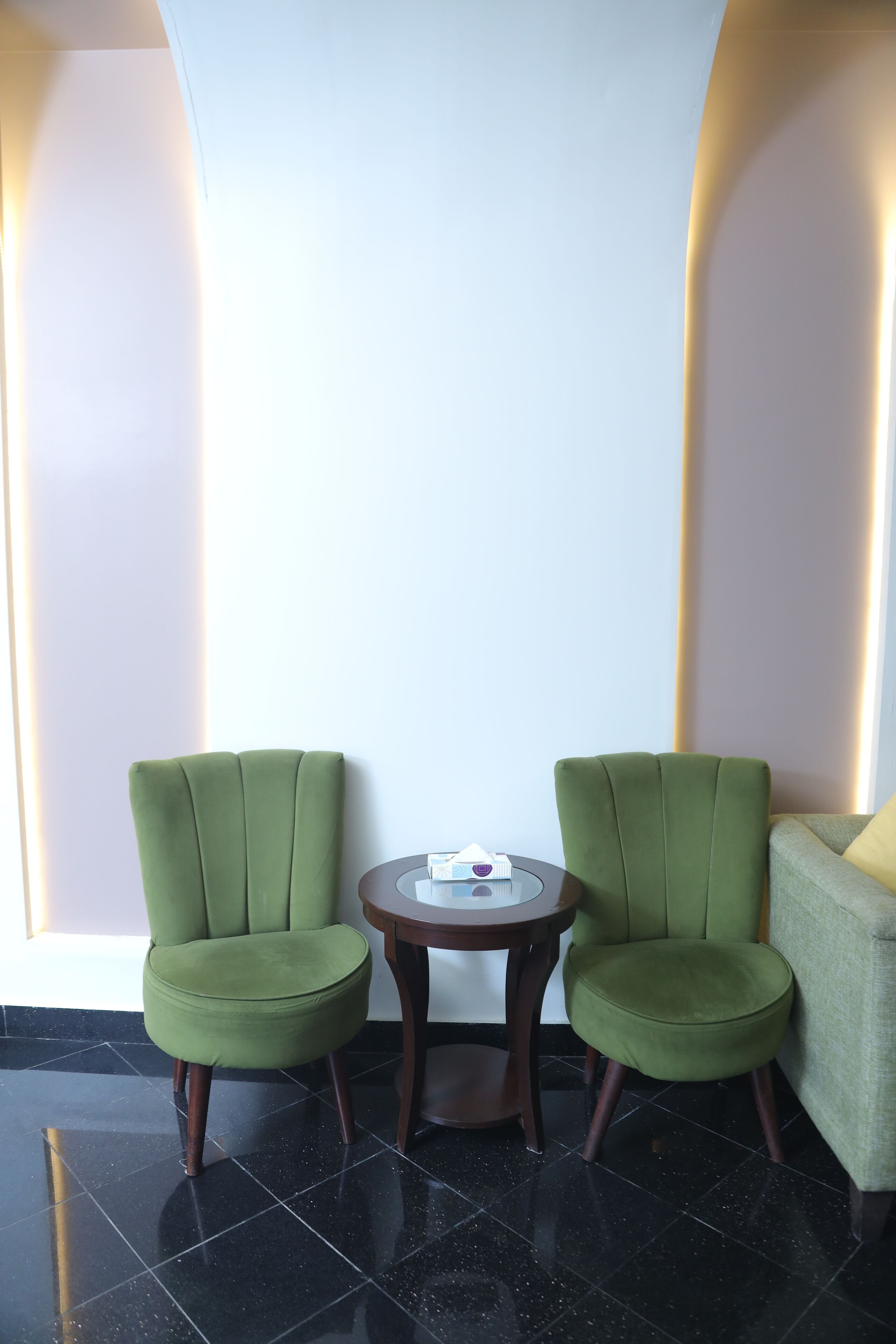 Une pièce comprenant deux fauteuils verts, une petite table ronde avec un boîte de mouchoirs, et un canapé de couleur claire.