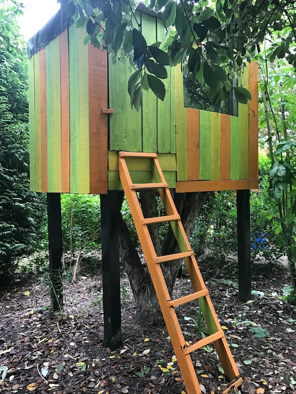 Ein Baumhaus mit einer Leiter, umgeben von Blättern.