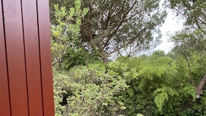 A wooden deck with a red railing overlooking a grassy area with trees and shrubs. - 3-room cottage near sea and golf in Moliets (Moliets-et-Maa)