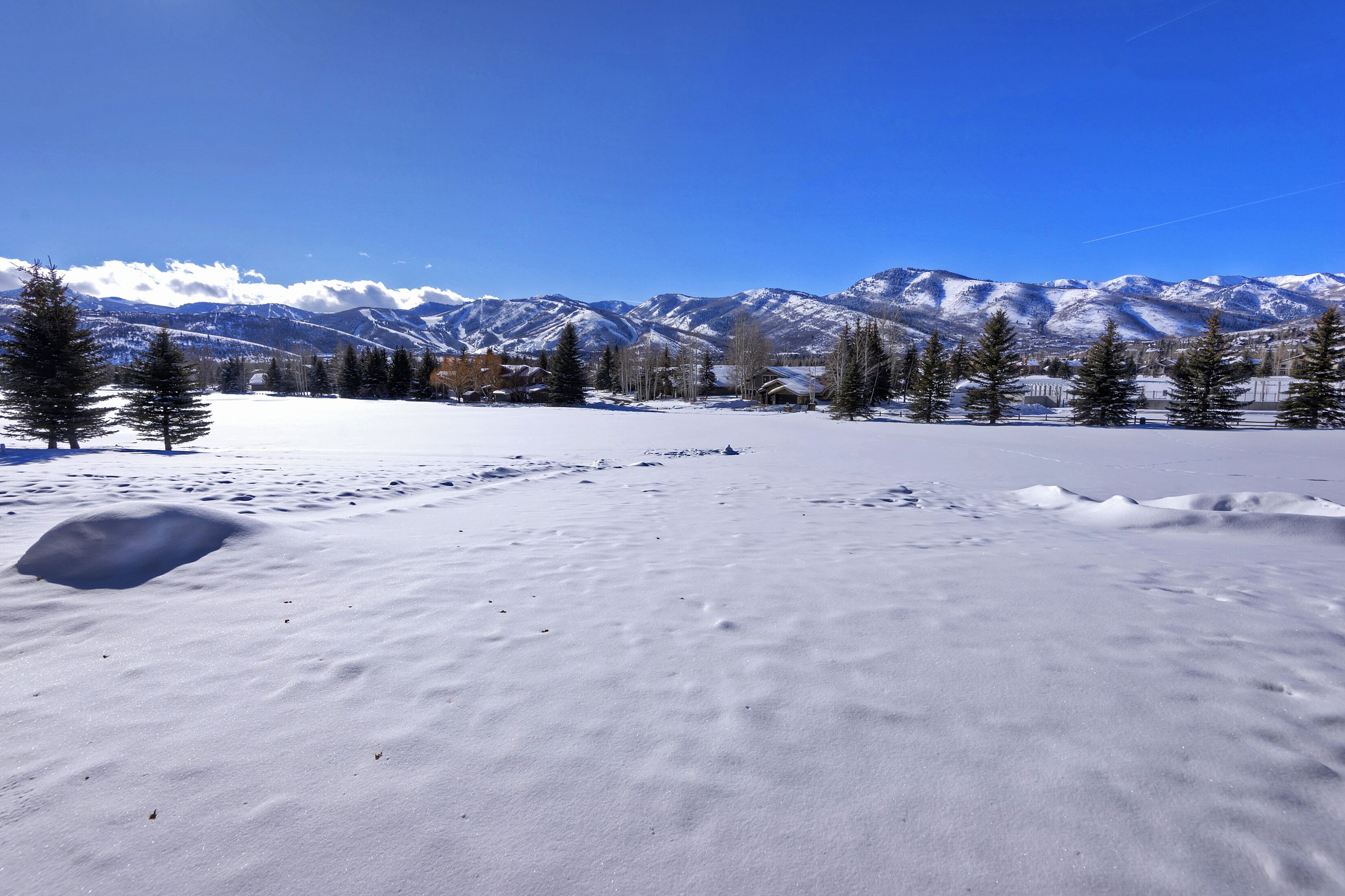 Un paysage enneigé avec des montagnes en arrière-plan et un ciel dégagé.