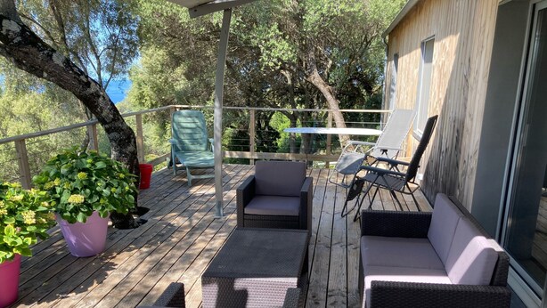 Une terrasse en bois agrémentée de meubles en osier, notamment d’un canapé et de fauteuils, ainsi que de plantes en pot.