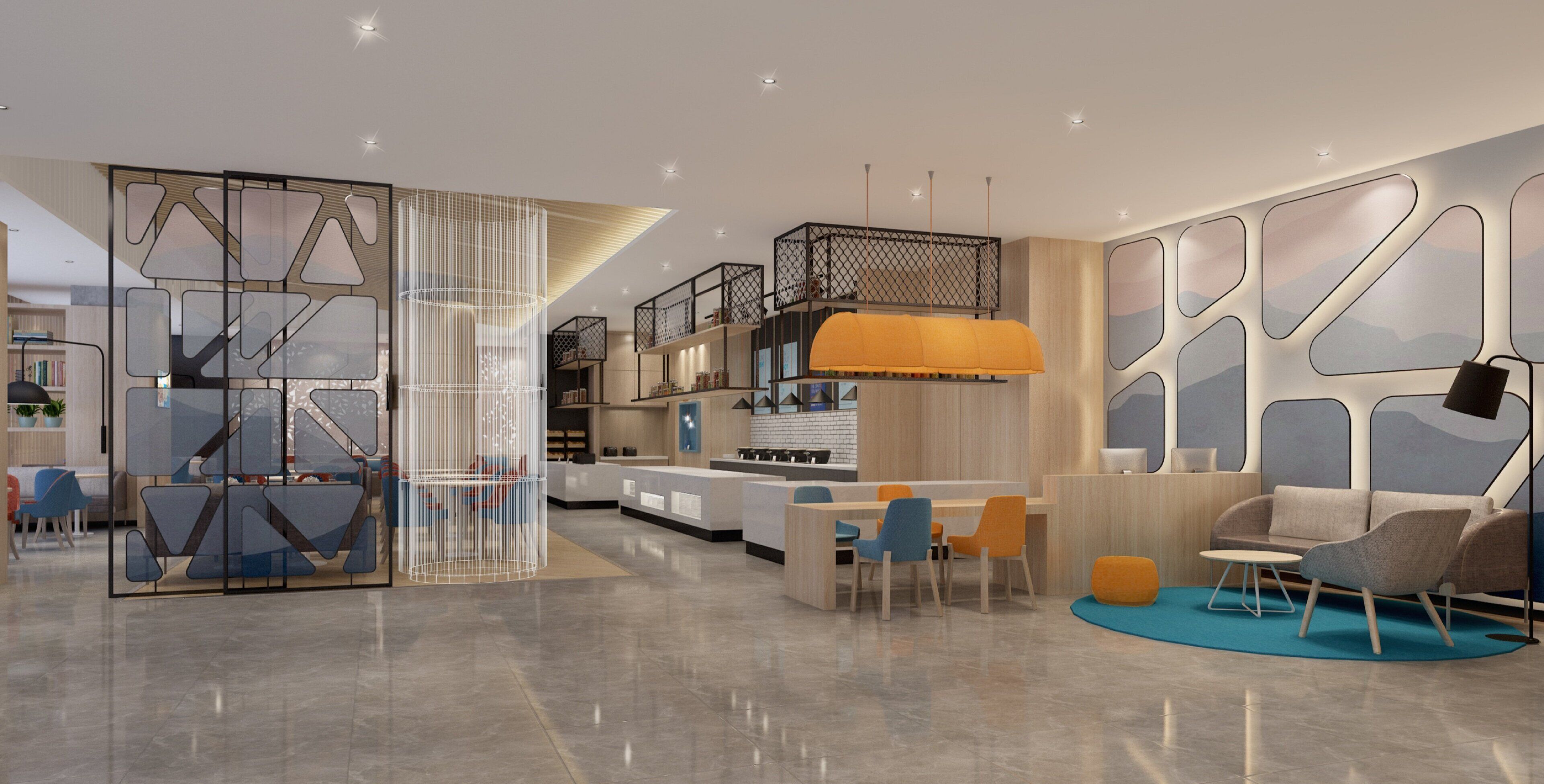 Un interior moderno con cocina, comedor y zona de estar.