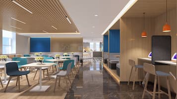 A modern hotel dining area with wooden paneling, marble flooring, and a mix of seating arrangements including tables and bar stools.