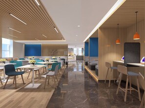 A modern hotel dining area with wooden paneling, marble flooring, and a mix of seating arrangements including tables and bar stools. - Holiday Inn Express Urumqi Station by IHG (Ürümqi)