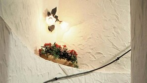 A staircase with a textured white wall, a handrail, and a flower box with red flowers. - Kaiserpension Müllnerhof (Oberndorf in Tirol)