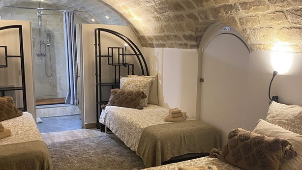 A room with two beds, a shower area, and a stone ceiling. - Montmartre Moulin rouge Batignolles (Paris)