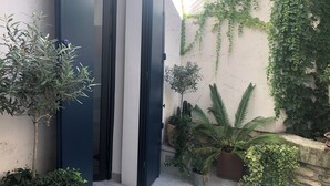 A narrow outdoor corridor with a door, potted plants, and a wall covered in ivy. - Montmartre Moulin rouge Batignolles (Paris)