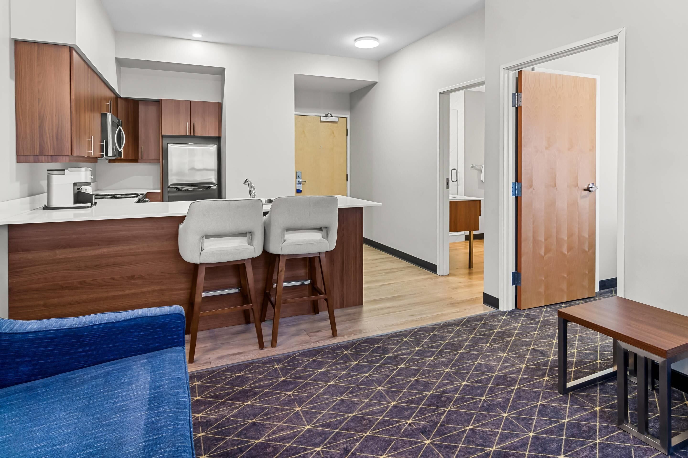Premium bedding, pillowtop beds, desk, laptop workspace