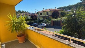 A balcony with a yellow wall, a potted plant, and a view of a residential street with parked cars and houses.