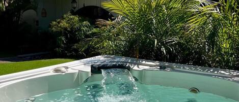A hot tub with clear water, surrounded by lush greenery and a house with a sloped roof.