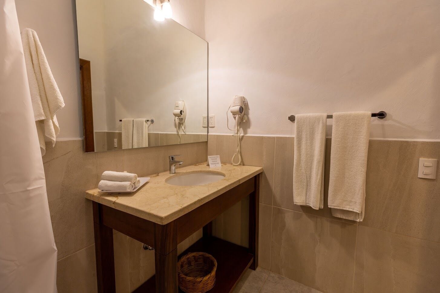 standard room | bathroom | hair dryer, towels, soap, shampoo