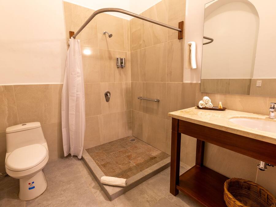 Un baño con ducha, inodoro, lavamanos y espejo.