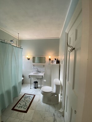 Ein Badezimmer mit Toilette, Waschbecken und Dusche.