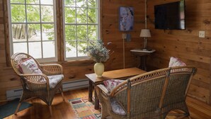 Ein gemütliches Zimmer mit Holzwänden, einem großen Fenster, Korbsesseln, einem kleinen Tisch mit einer Vase und einem an der Wand montierten Fernseher.