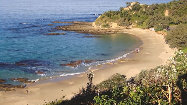 A coastal landscape with a sandy beach, rocky outcrops, and dense greenery. - Welcome to your Home away from Home. Pacific Studio offers everything to make your stay comfortable (Nambucca Heads)