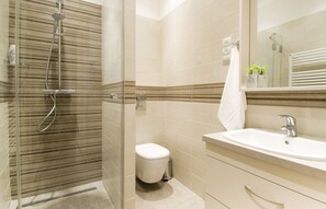 Shower, hair dryer, towels, soap