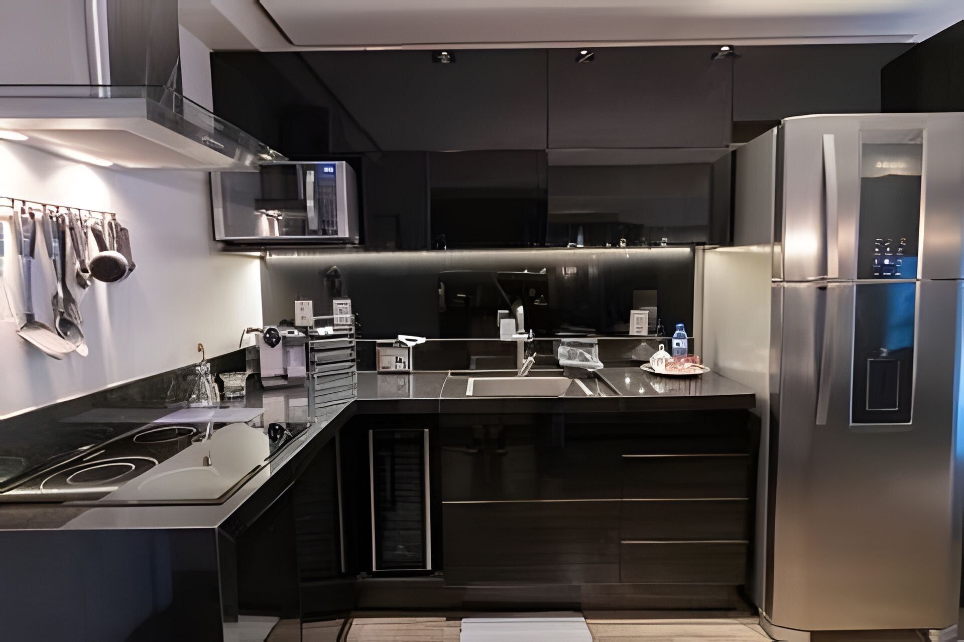 Una cocina moderna con electrodomésticos de acero inoxidable, horno empotrado y refrigerador.