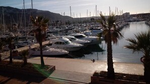 Ein Hafen mit zahlreichen Booten, die an einer Uferpromenade vertäut sind, umgeben von Palmen und einer hügeligen Landschaft im Hintergrund.