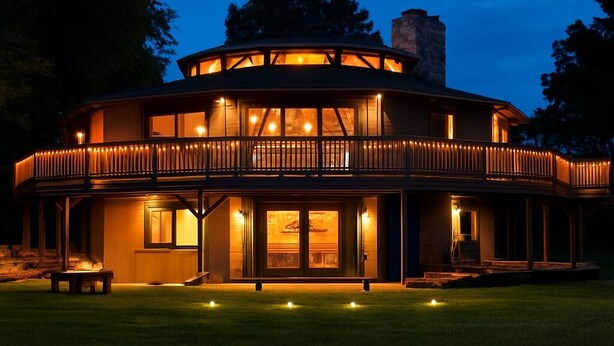 A circular building with a balcony and large windows, surrounded by a well-maintained lawn. - Unique Home Where The Buffalo Roam! Perfect for Families, Reunions. Hunters. (Buffalo Ridge)