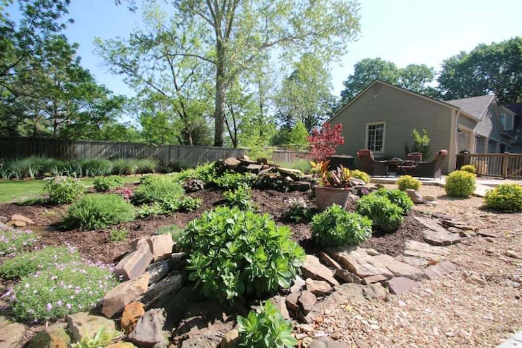 Een tuin met diverse planten en een houten terras.