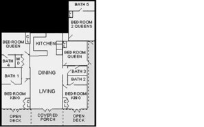 Plano de planta con habitaciones identificadas, incluyendo cocina, comedor, sala de estar y varios dormitorios.