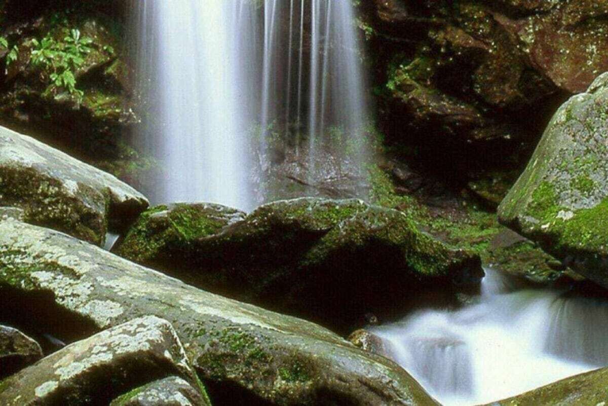 A waterfall surrounded by moss-covered rocks.
