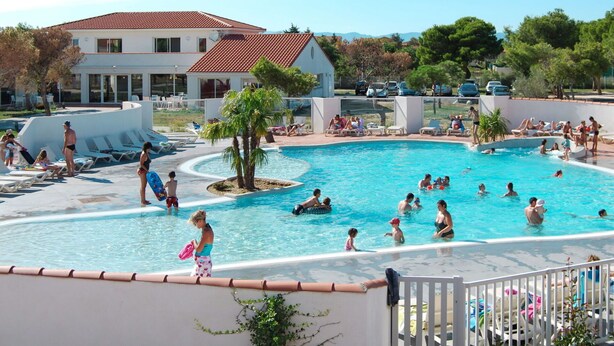 A swimming pool area with lounge chairs and a palm tree. - Lovely apartment in villa for 4 guests with WIFI, A/C, pool, TV, patio and pets allowed (Torreilles)