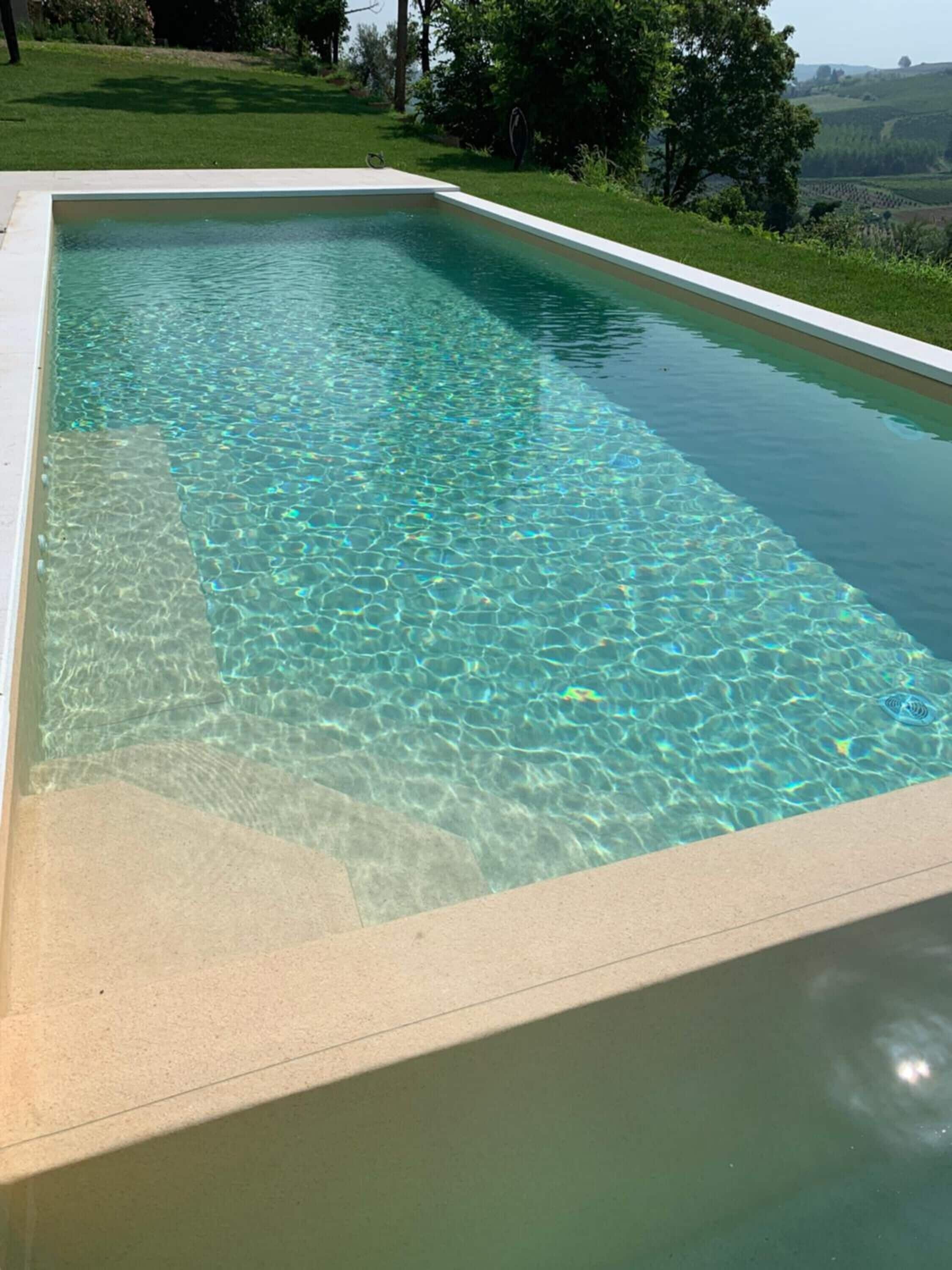 Una piscina rectangular con agua cristalina, rodeada por una solana de hormigón y una zona verde con árboles al fondo.