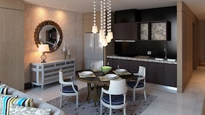 Enjoy meals with family and friends in this stylish dining area, complete with a round table and comfortable seating for four.