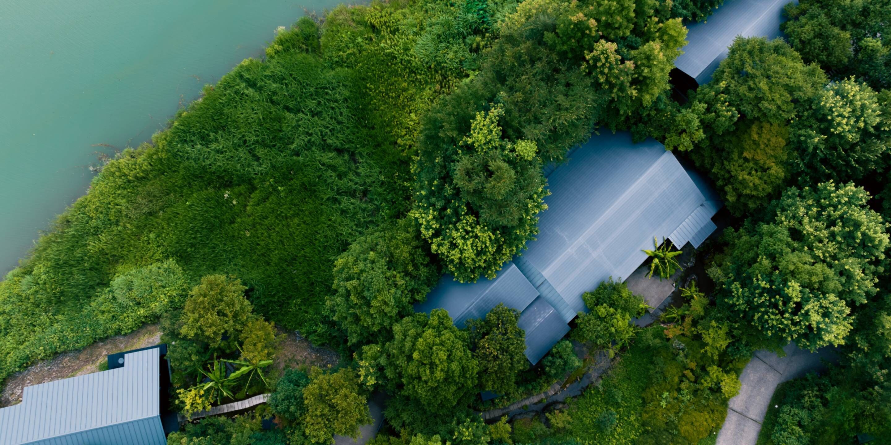 An aerial view of a property with a large building surrounded by dense greenery and a body of water.