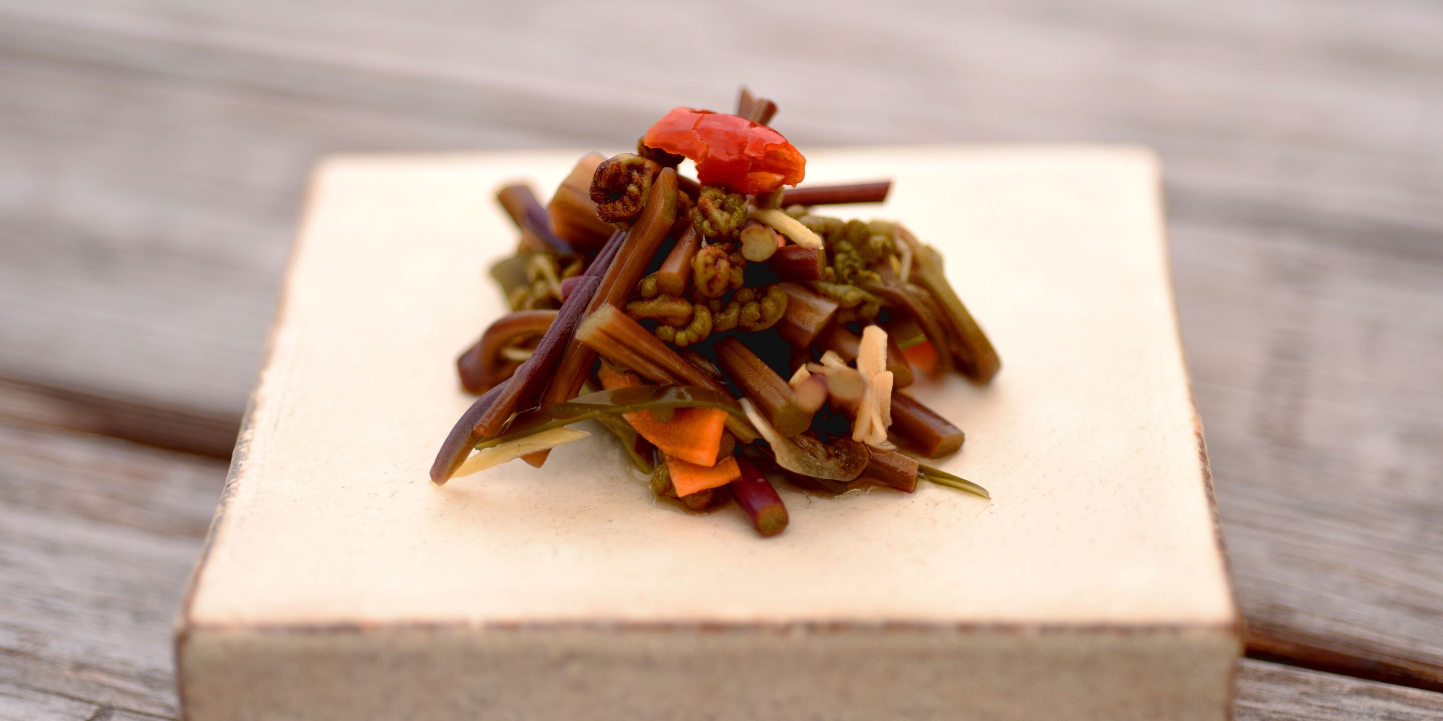Une assiette carrée blanche sur laquelle est disposée une salade de légumes colorée.