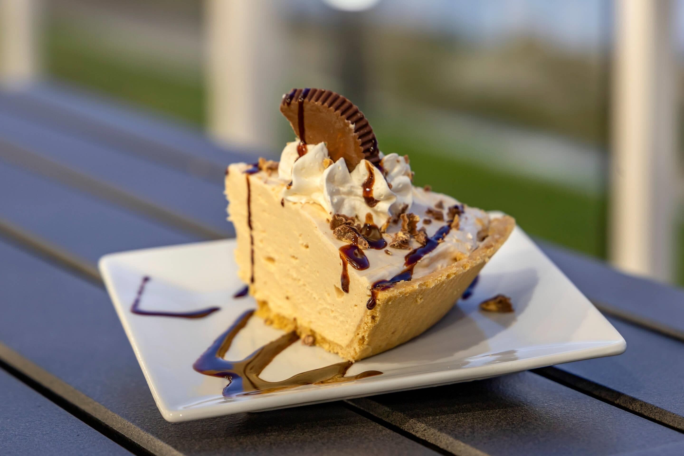 A slice of pie on a white plate with a drizzle of chocolate sauce.